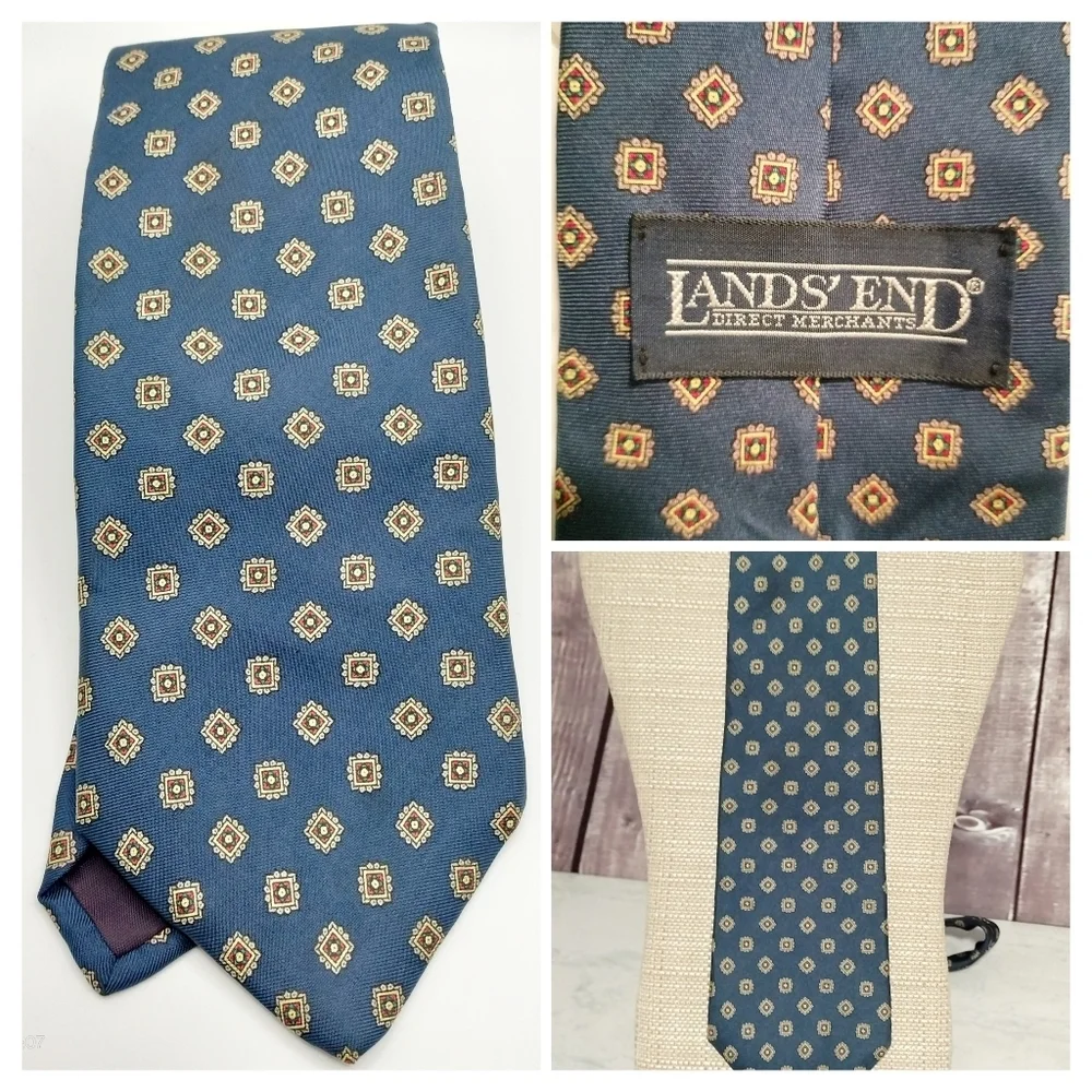 Lands' End Silk Men's Tie Necktie Blue Geometric Square Handsewn Classic Formal